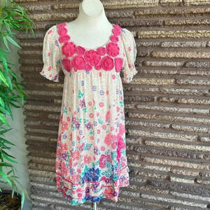 I.C.E. Empire Waist 3D Pink Rosette Floral Babydoll Dress Size 6